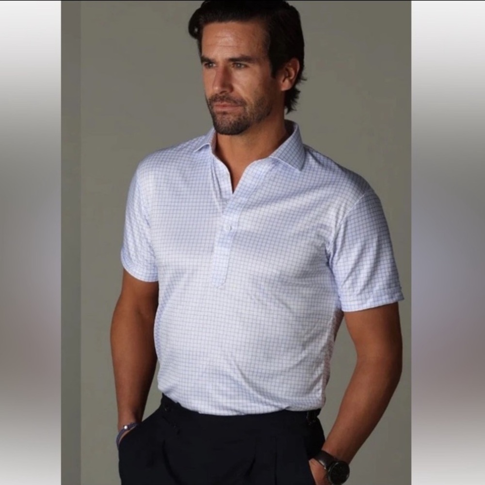 Collars & Co. Men's Blue Checkered Golf Performance Polo Shirt